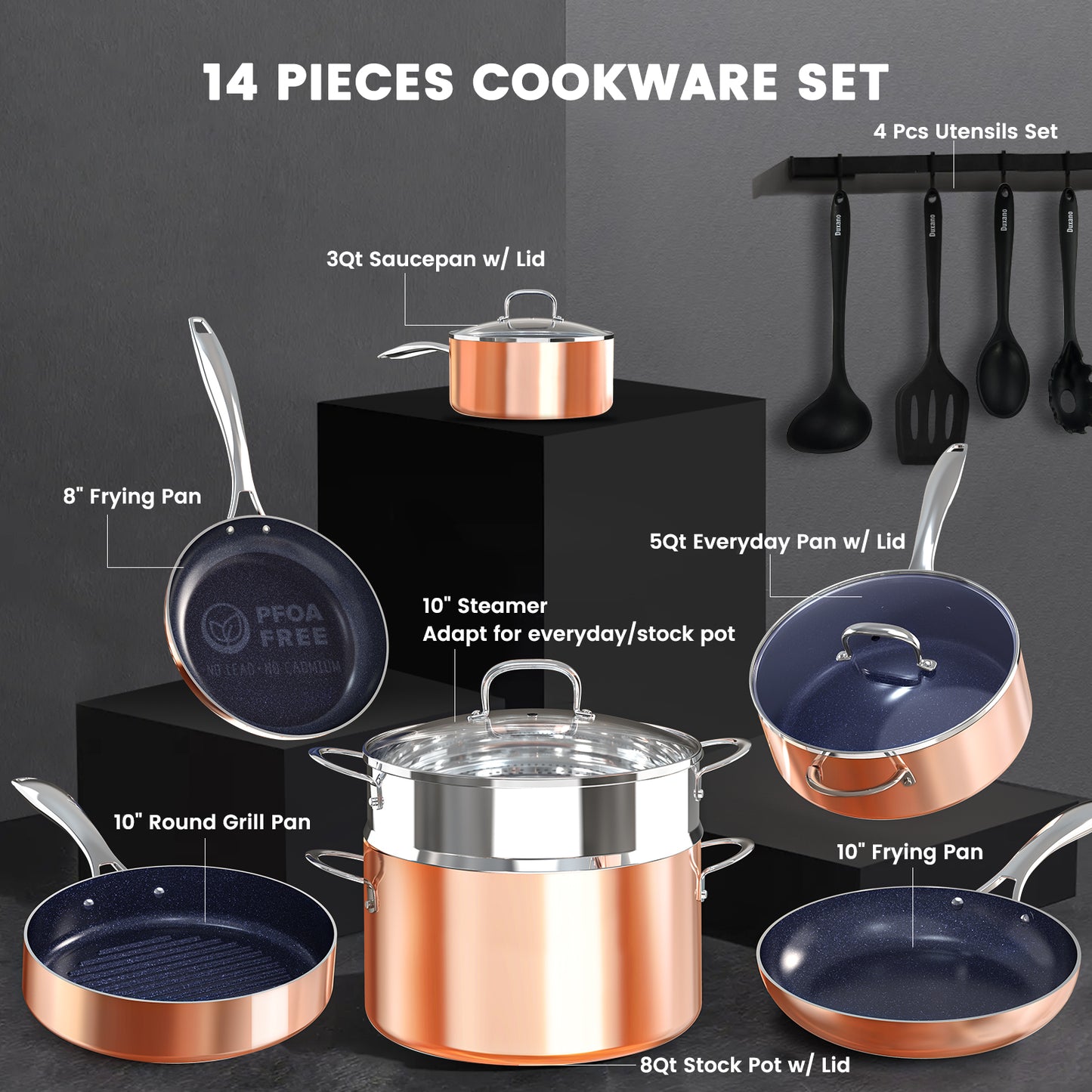DUXANO 14Pcs Pots and Pans Set Nonstick, Kitchen Cookware Sets w/Frying Pans & Stockpot, Diamonds Reinforced Ceramic Coating, PFAS Free, Dishwasher and Oven Safe, All Stovetops & Induction Compatible
