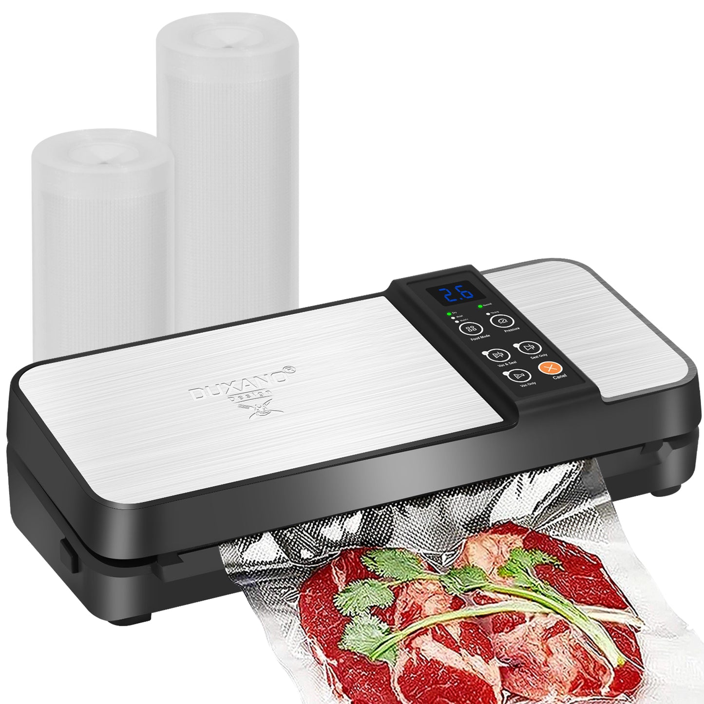 DUXANO Vacuum Sealer Machine, 85kPa Pro Vacuum Food Sealer with Built-in Cutter and Bag Storage, Includes 2 Bag Rolls, Both Auto&Manual Options,3 Food Modes,2 Pump Speed, Lab Tested, LED Indicator Lights