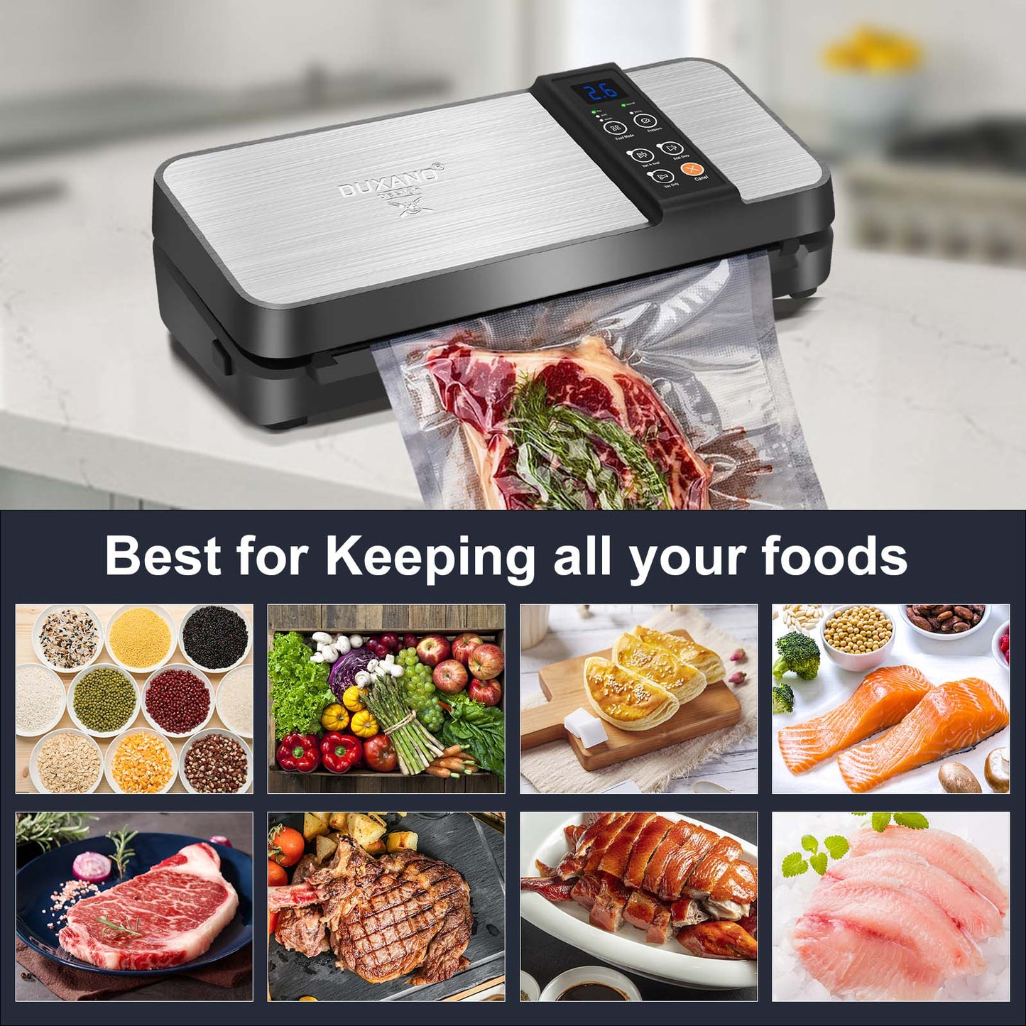 DUXANO Vacuum Sealer Machine, 85kPa Pro Vacuum Food Sealer with Built-in Cutter and Bag Storage, Includes 2 Bag Rolls, Both Auto&Manual Options,3 Food Modes,2 Pump Speed, Lab Tested, LED Indicator Lights