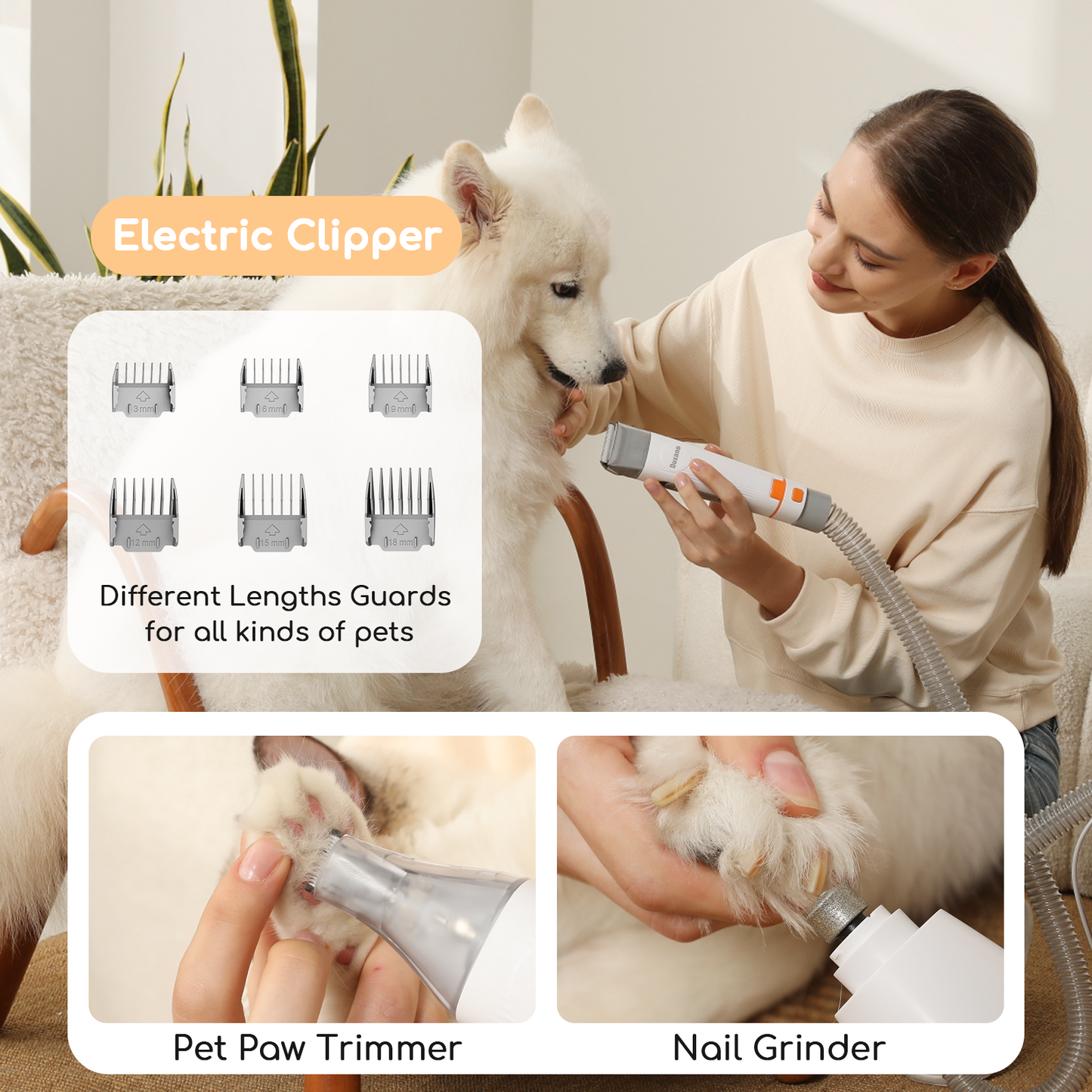 DUXANO Pet Grooming Vacuum Kit & Dog Grooming Kit 150KPA Powerful Vacuum Suction Picks Up 99% Pet Hair, Pet Hair Remover with Dog Clippers, Grooming Brush, Nail Trimmer Grinder, Stainless Steel
